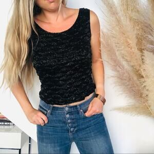 VINTAGE ADRIANNA PAPELL Black Beaded Sequins Silk Blouse Tank Top Shirt Zip M